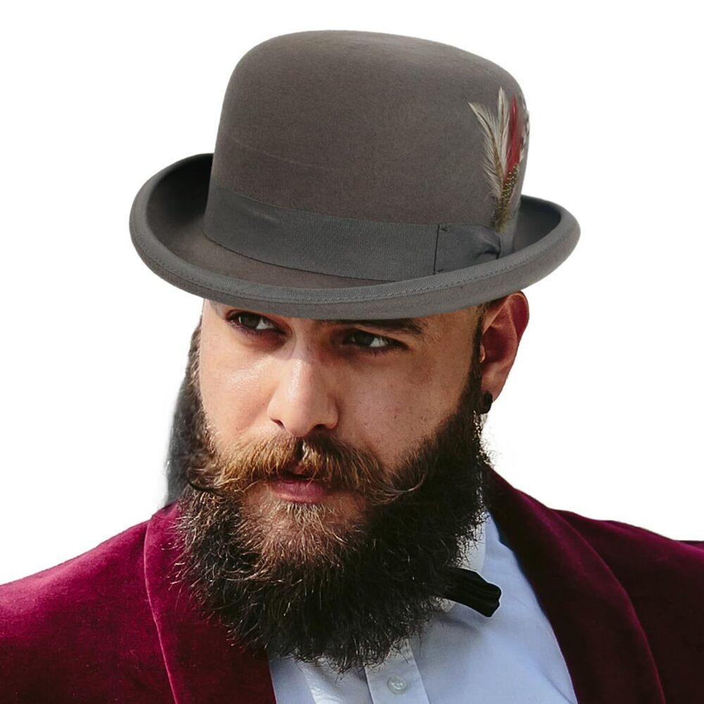 3499 Wool Fedora Hats Felt Bowler Derby Hat with Feather Grey,M